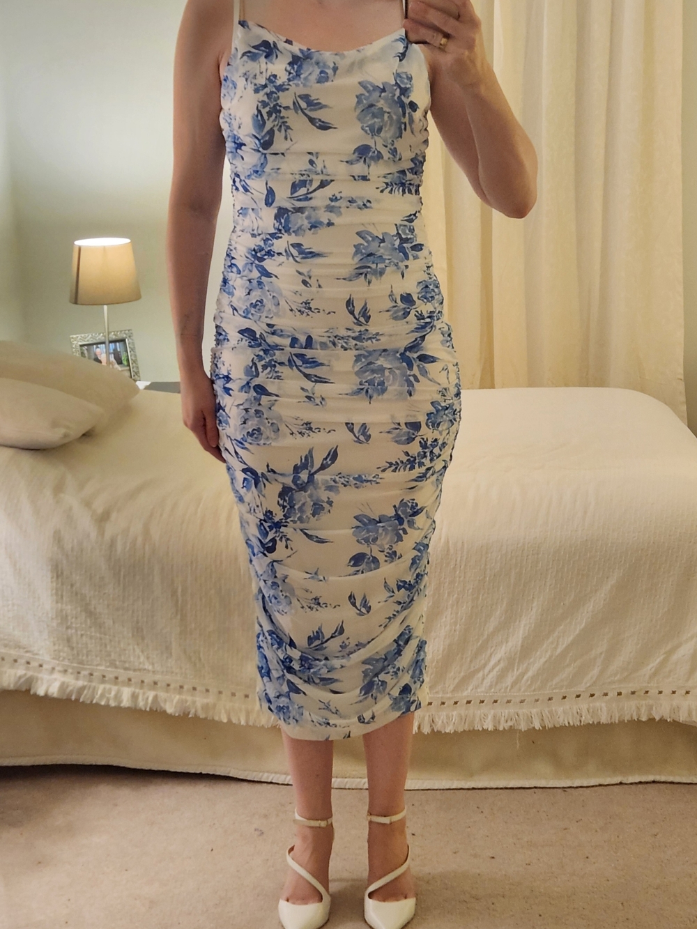 SHEIN White Midi Dress with Blue Floral Print